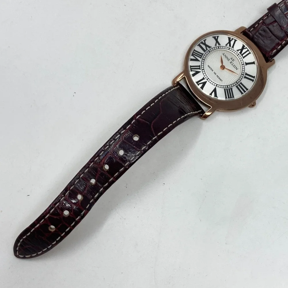 Anne Klein Womens Watch 34mm Rose Gold Tone Asymmetric Leather New Battery 7.75